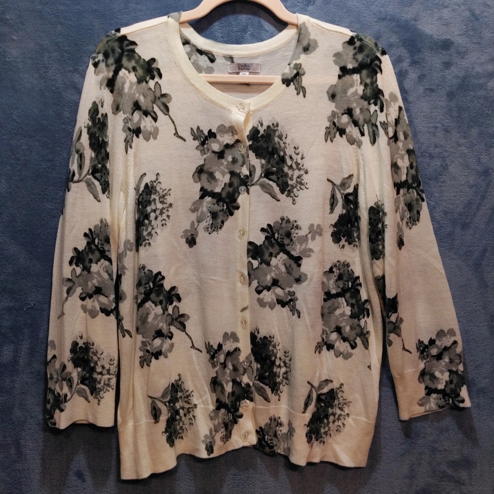 Croft & Barrow Womens XXL Cardigan Sweater Ivory Floral Button Front 3/4 Sleeve